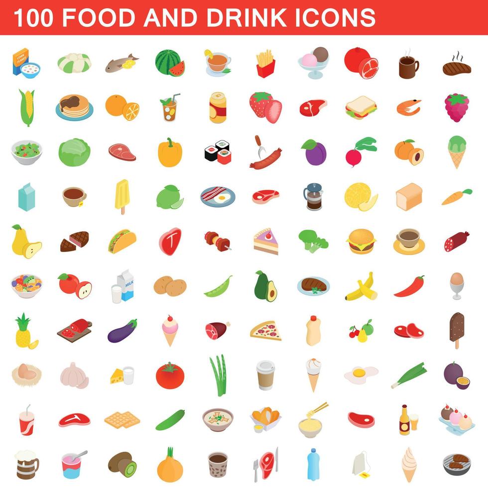 100 food and drink icons set, isometric 3d style vector