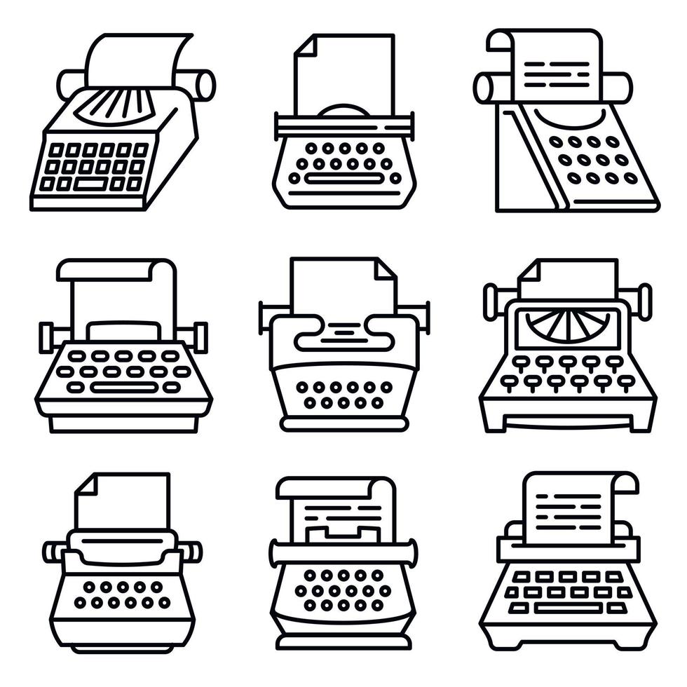 conjunto de iconos de máquina de escribir, estilo de contorno vector