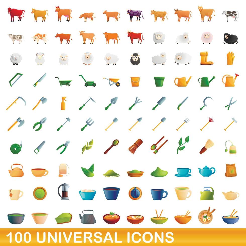 100 iconos universales, estilo de dibujos animados vector