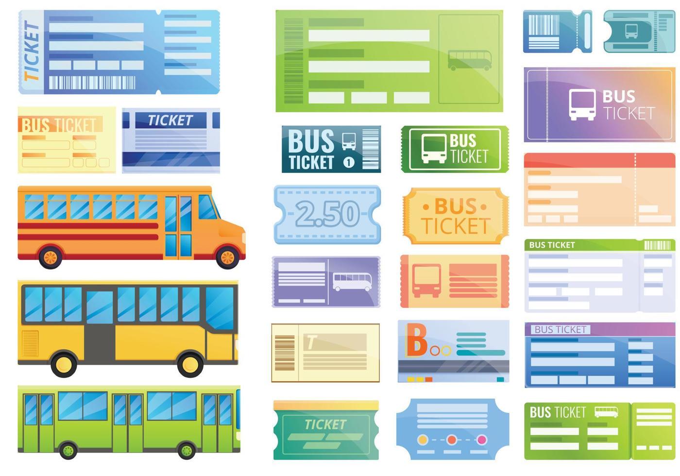 Bus ticketing icons set, cartoon style vector