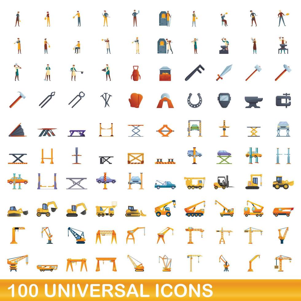 100 universal icons set, cartoon style vector