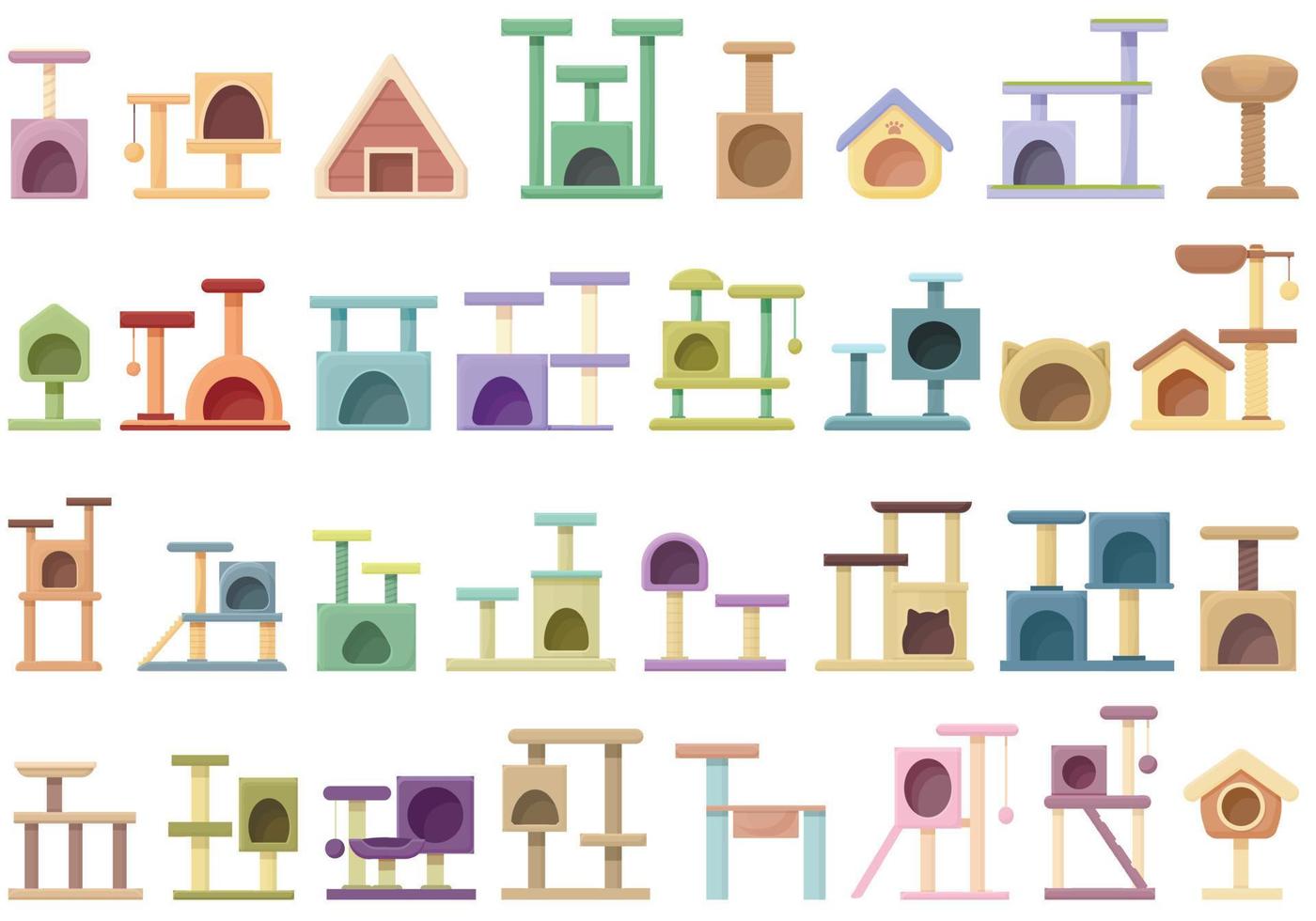 Cat house icons set cartoon vector. Tree tower vector