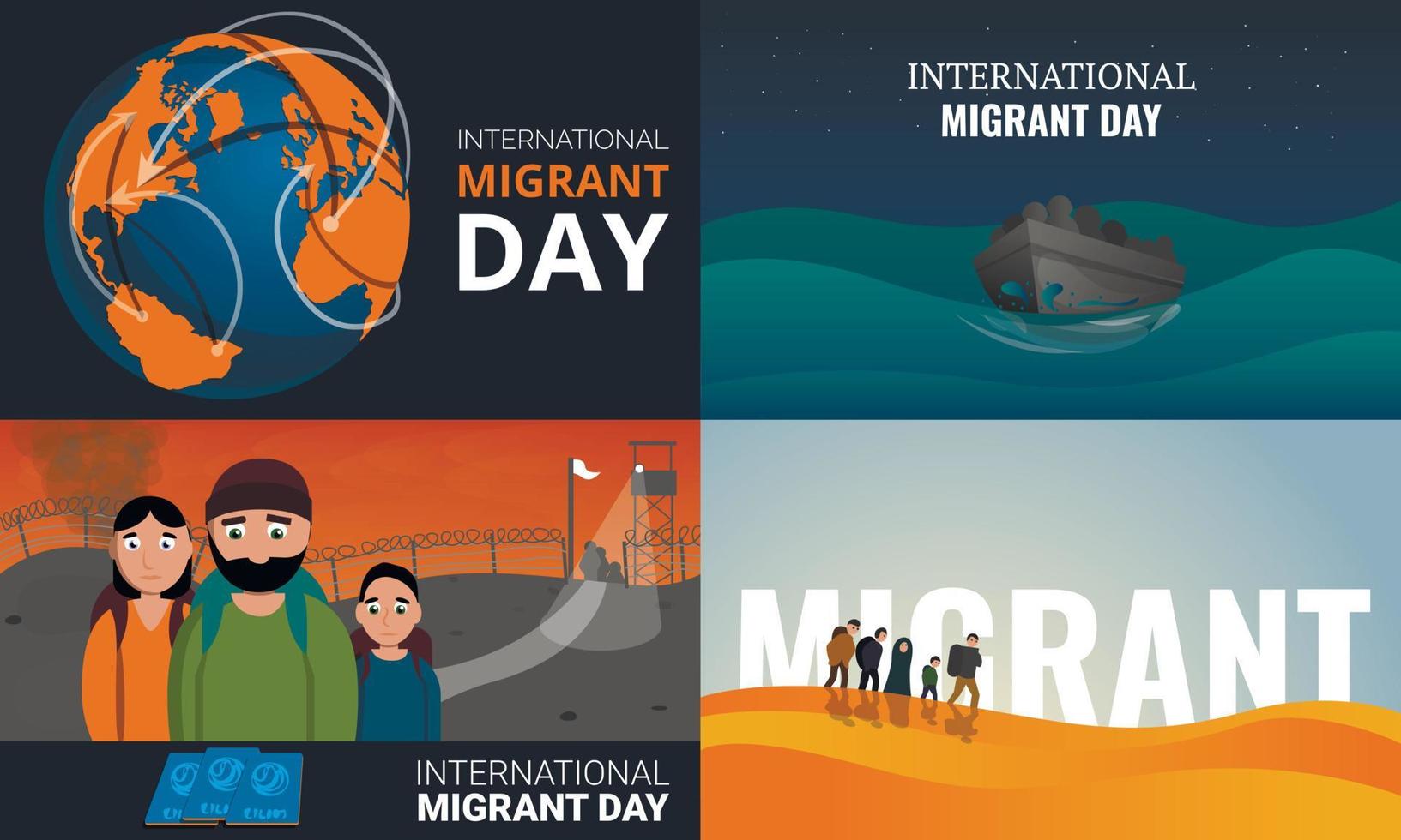 conjunto de banners de migrantes, estilo de dibujos animados vector