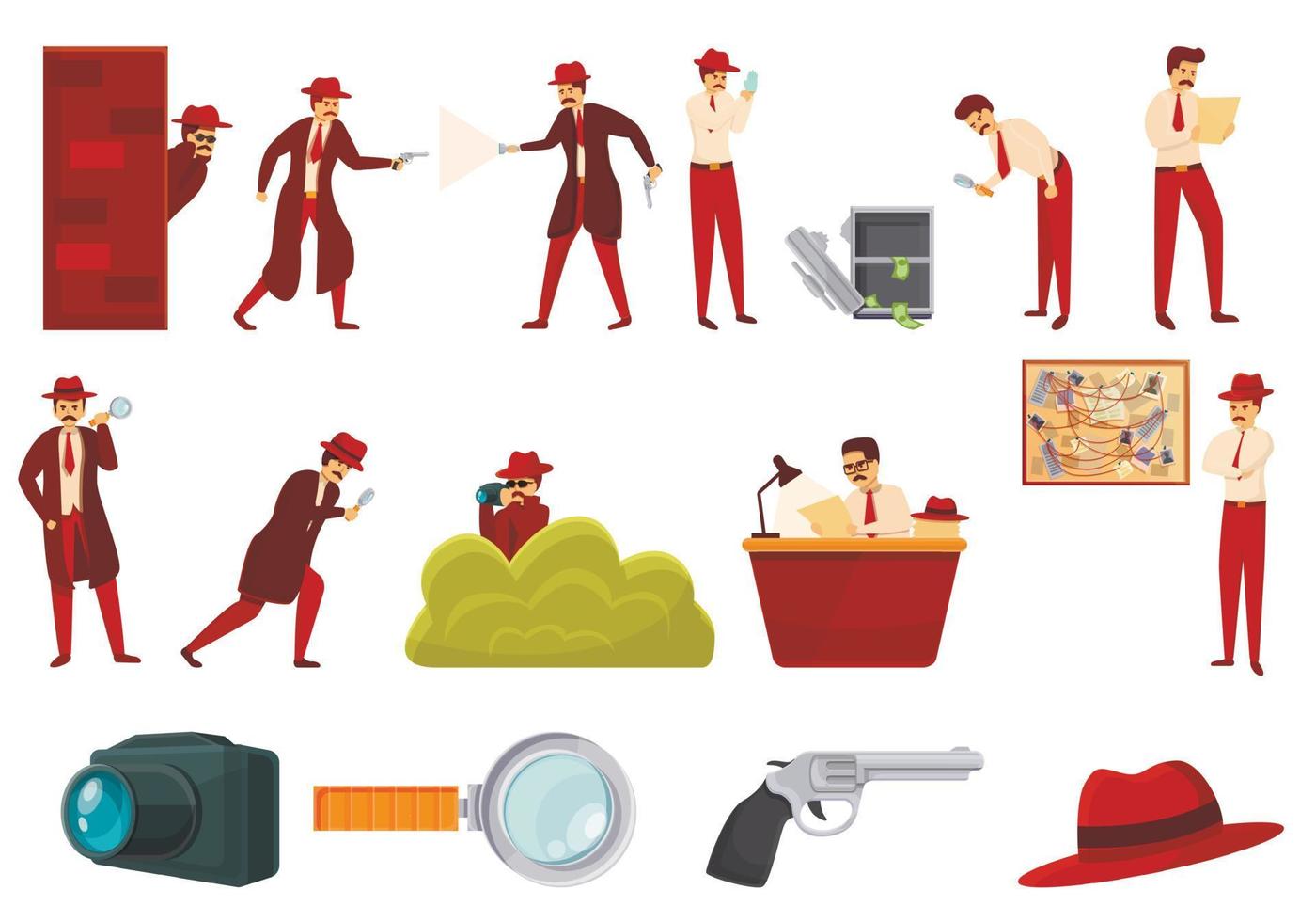 Investigator icons set, cartoon style vector