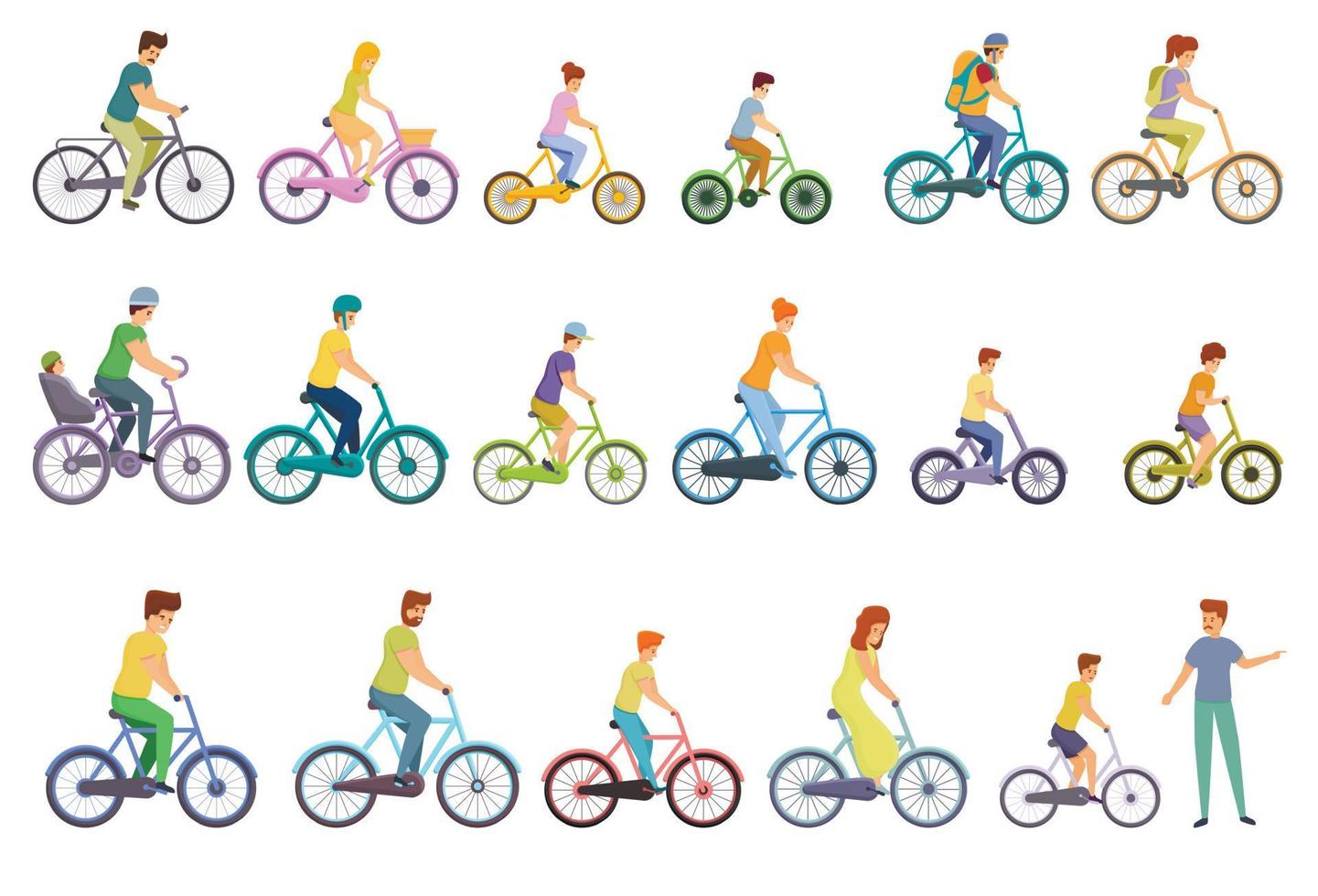 bicicleta, familia, iconos, conjunto, caricatura, estilo vector