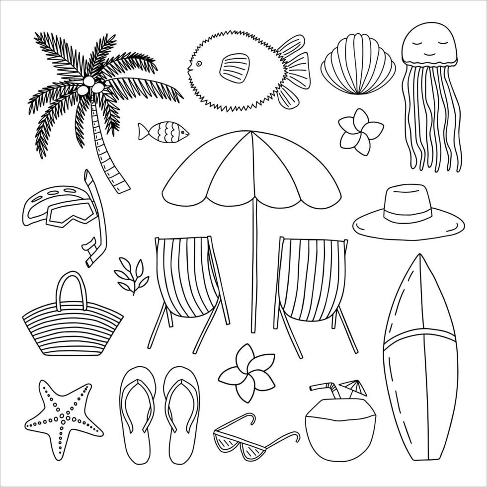 Hand drawn beach umbrella and beach chairs vector coloring page.