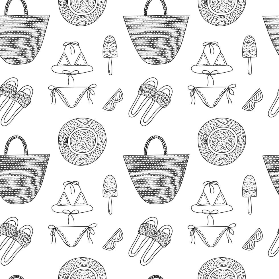 Doodle summer beach seamless pattern. Hand drawn vector beach bag, summer hat. bikini and sunglasses isolated on white background.