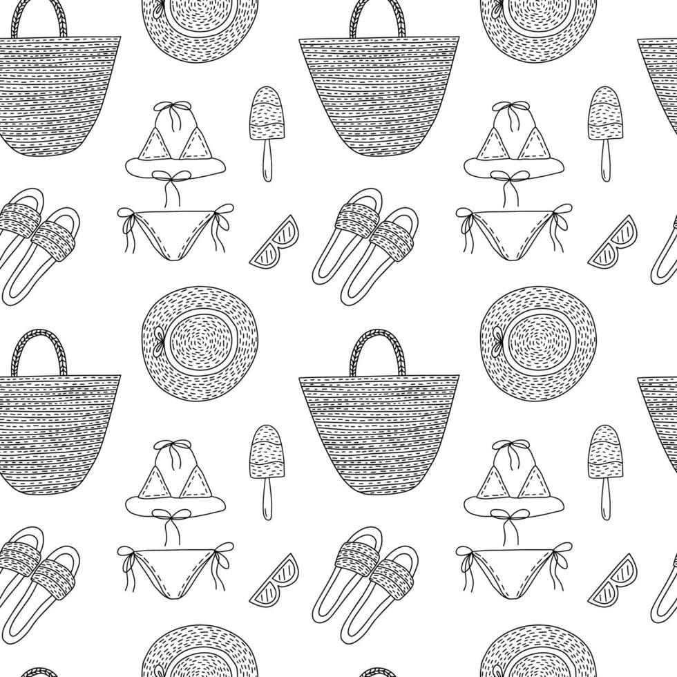 Doodle summer beach seamless pattern. Hand drawn vector beach bag, summer hat. bikini and sunglasses isolated on white background.