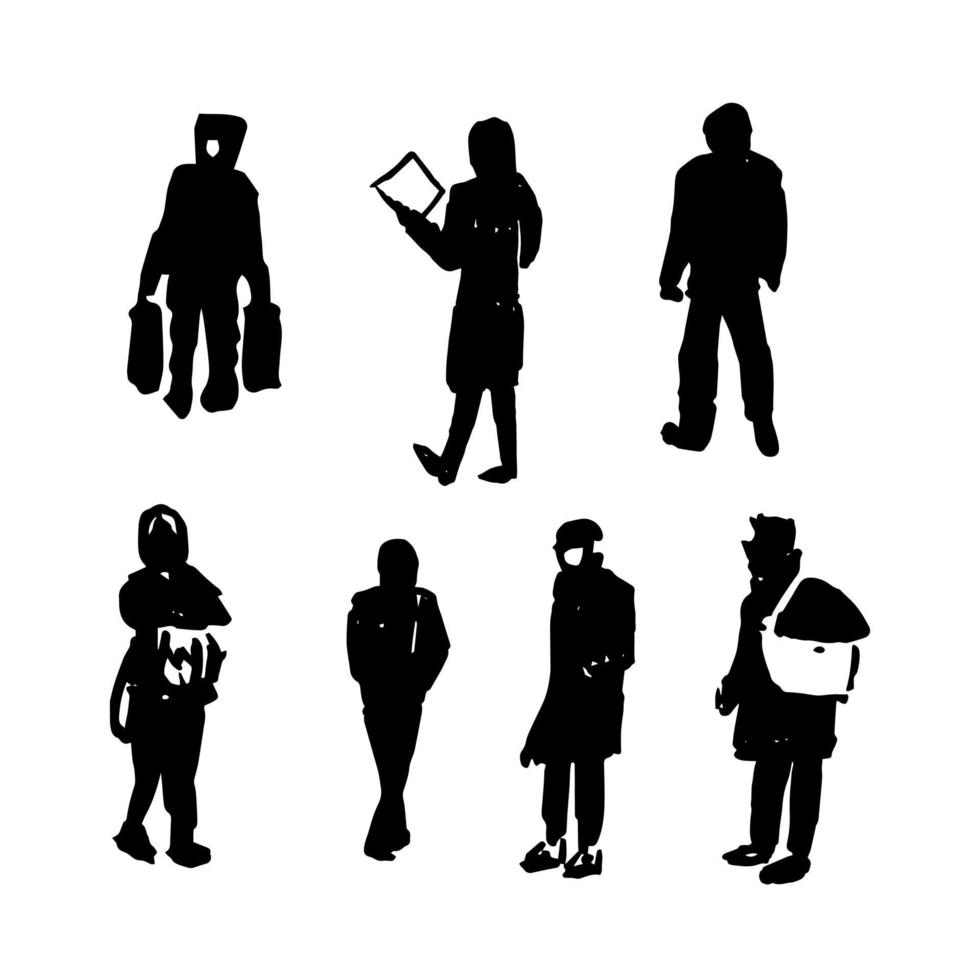 Different kinds of people silhouette in black color. People in street ink sketch set vector