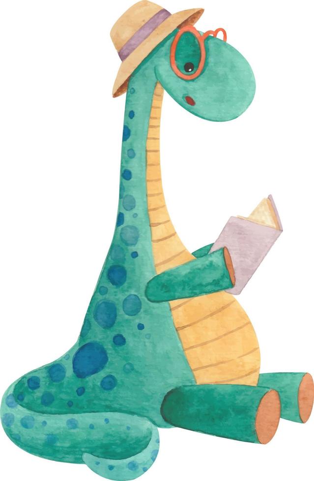 Bright watercolor illustration with a dinosaur in a hat reading a book vector