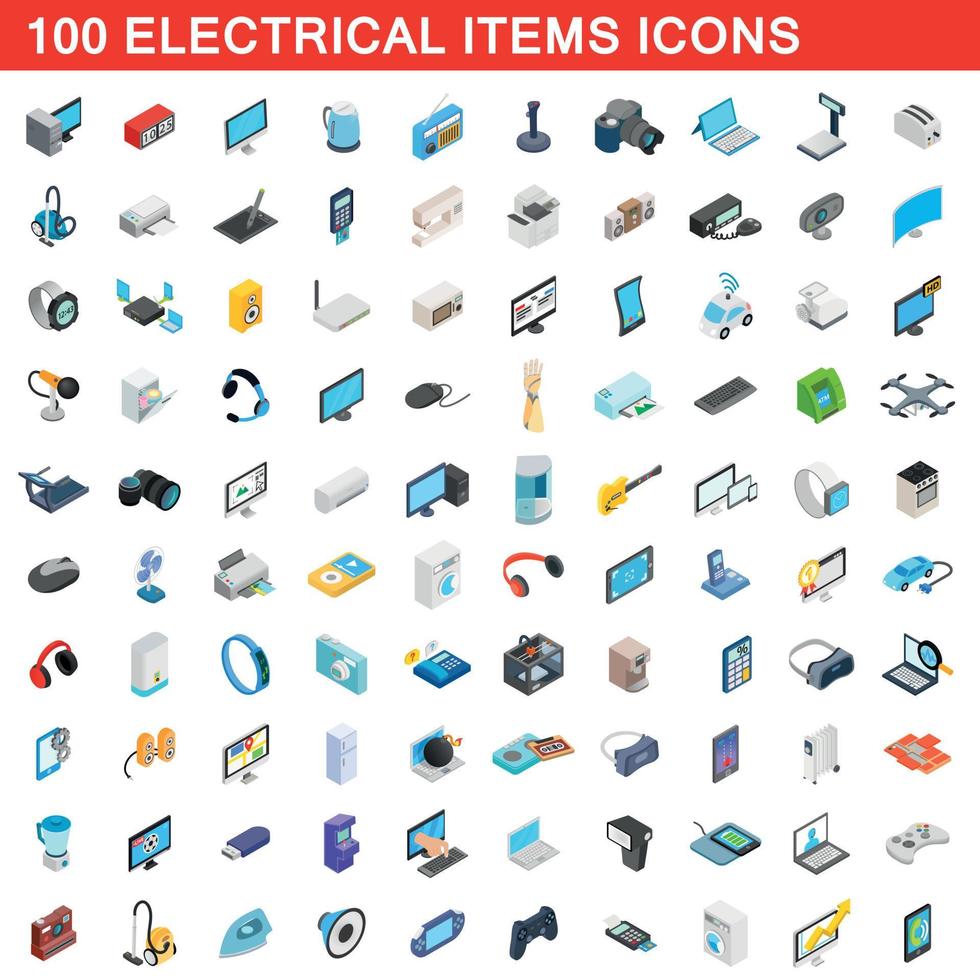 100 elementos eléctricos, conjunto de iconos de estilo 3D isométrica vector