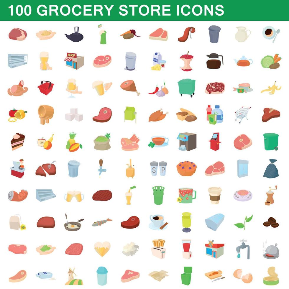 100 tienda de comestibles, conjunto de iconos de estilo de dibujos animados vector