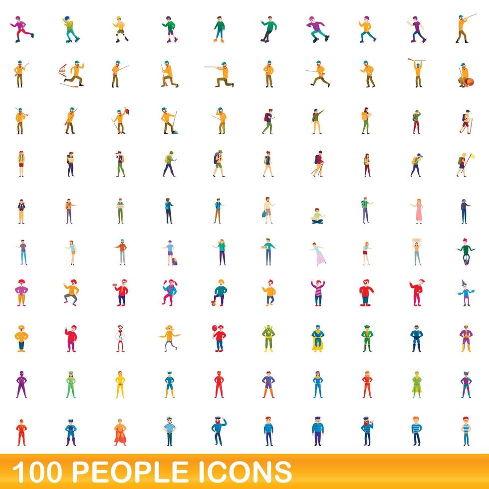 100 people icons set, cartoon style vector