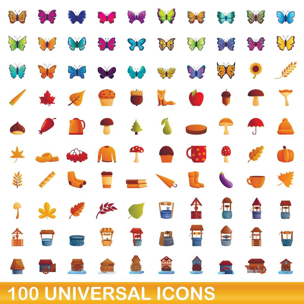 100 iconos universales, estilo de dibujos animados vector