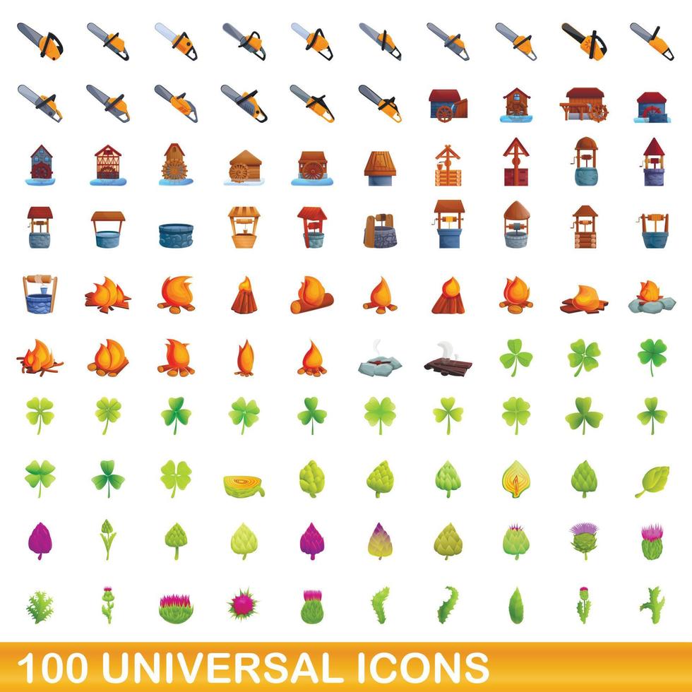 100 universal icons set, cartoon style vector