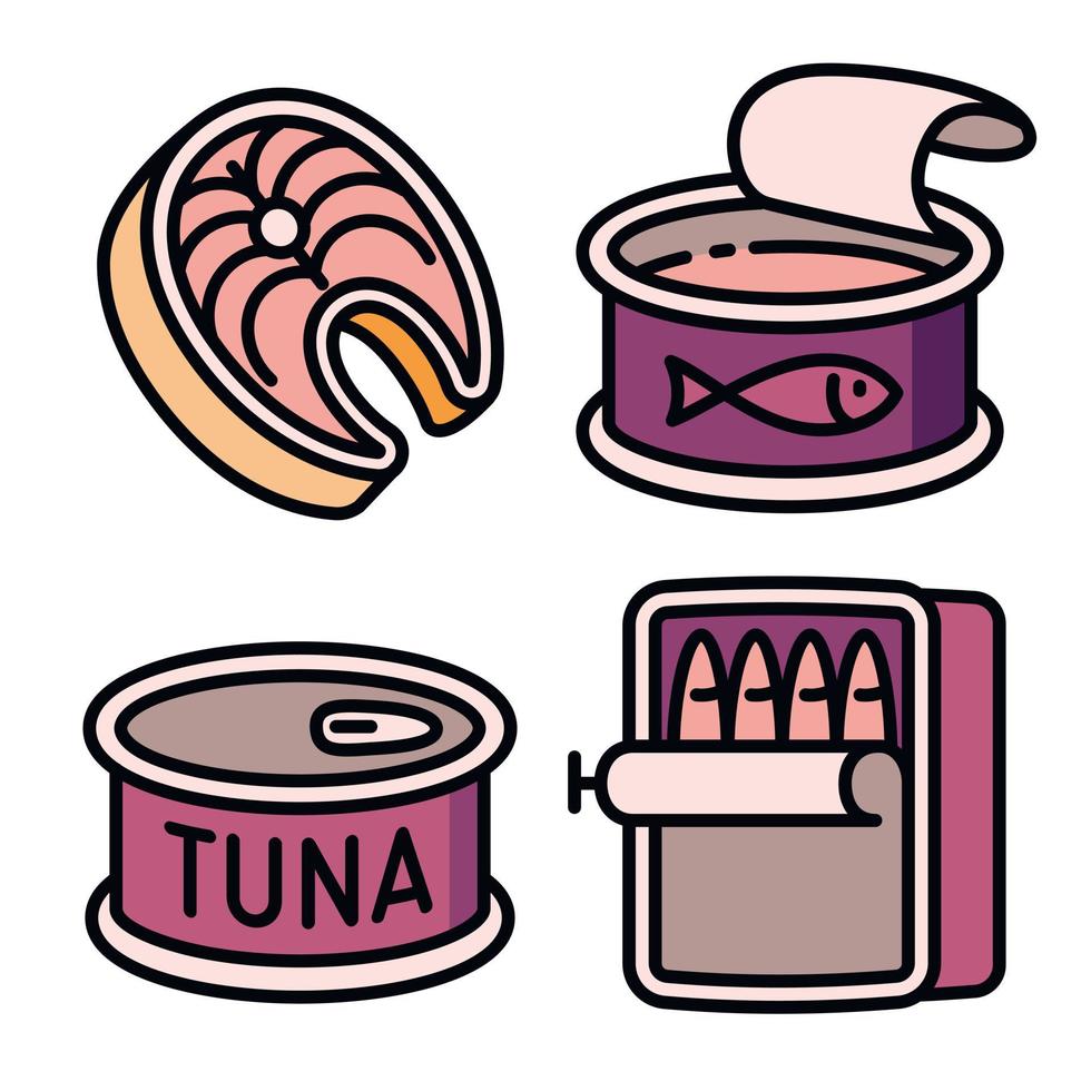 Tuna icons set, outline style vector