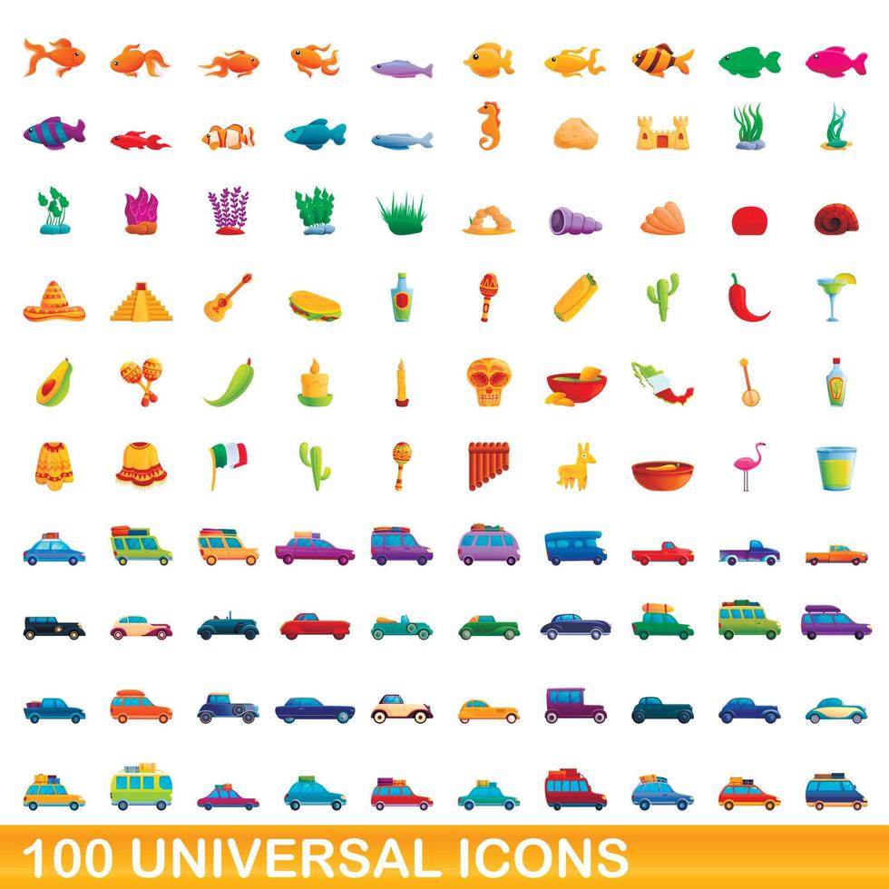 100 iconos universales, estilo de dibujos animados vector