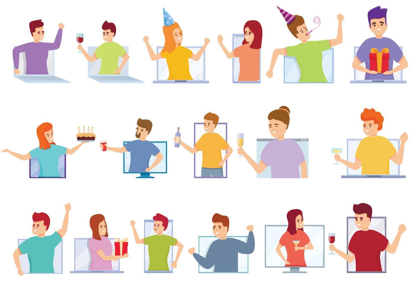 Online party icons set, cartoon style vector