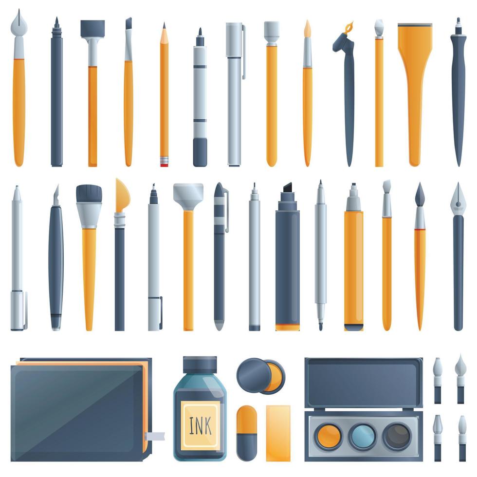 Calligraphy tools icons set, cartoon style vector