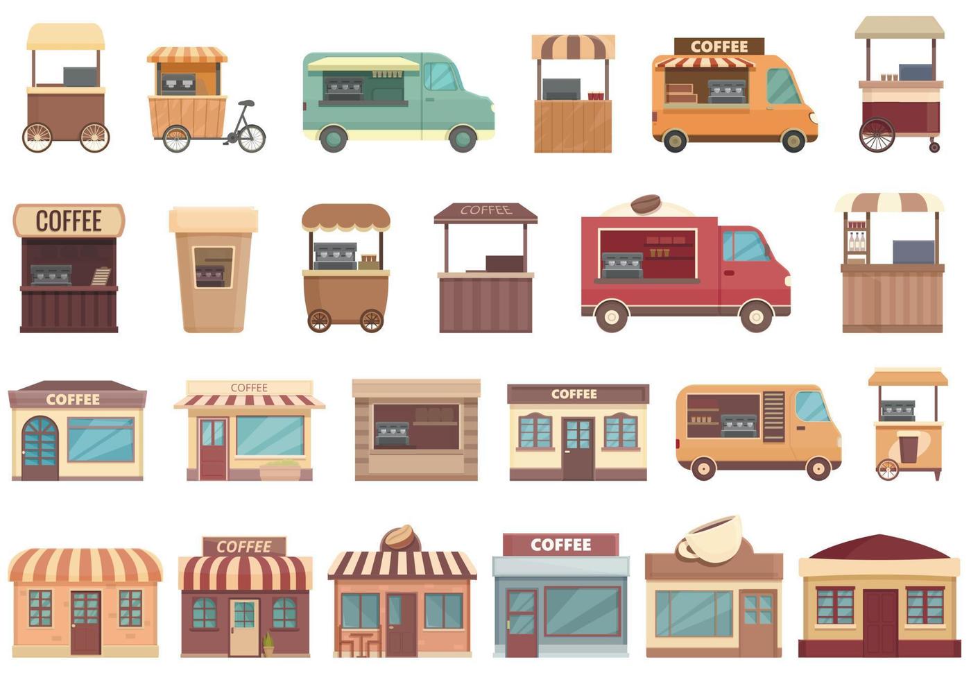 Street coffee icons set cartoon vector. Car van vector