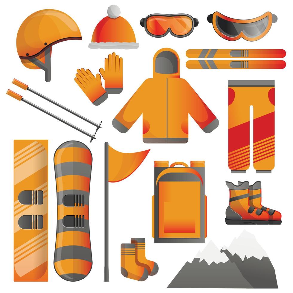 Snowboarding equipment icon set, cartoon style vector