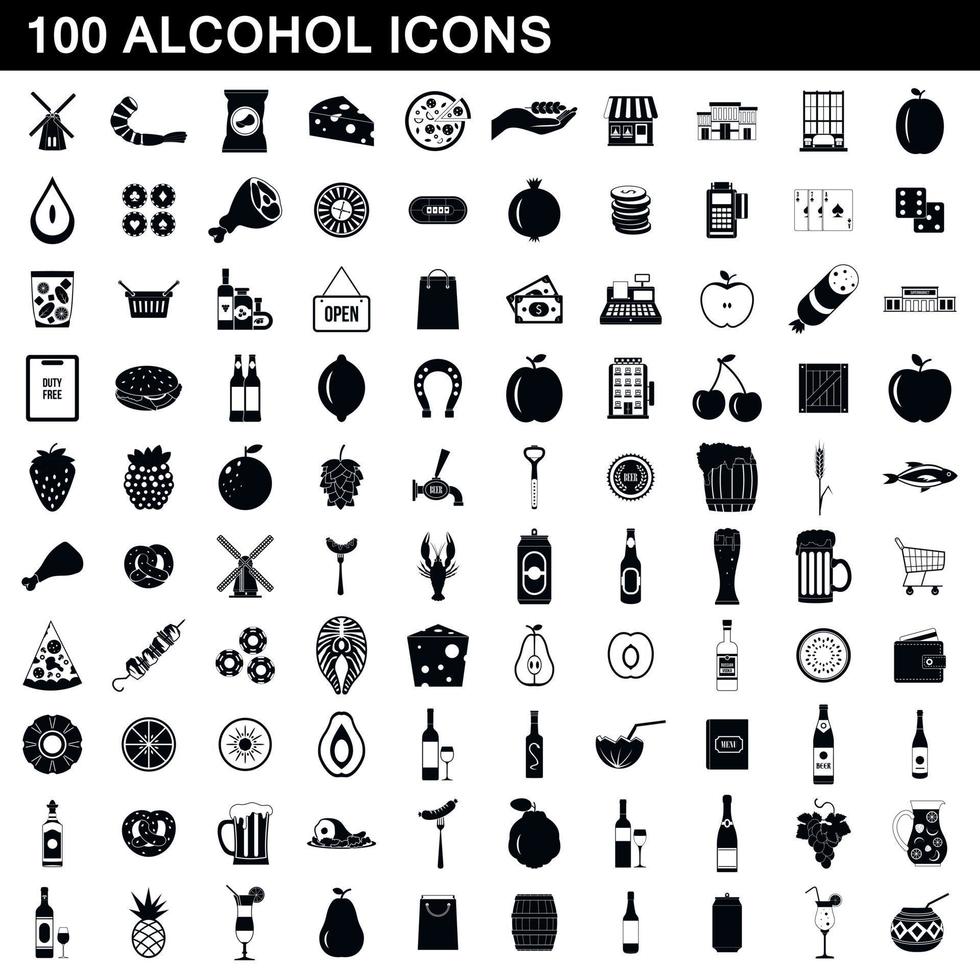 100 alcohol icons set, simple style vector