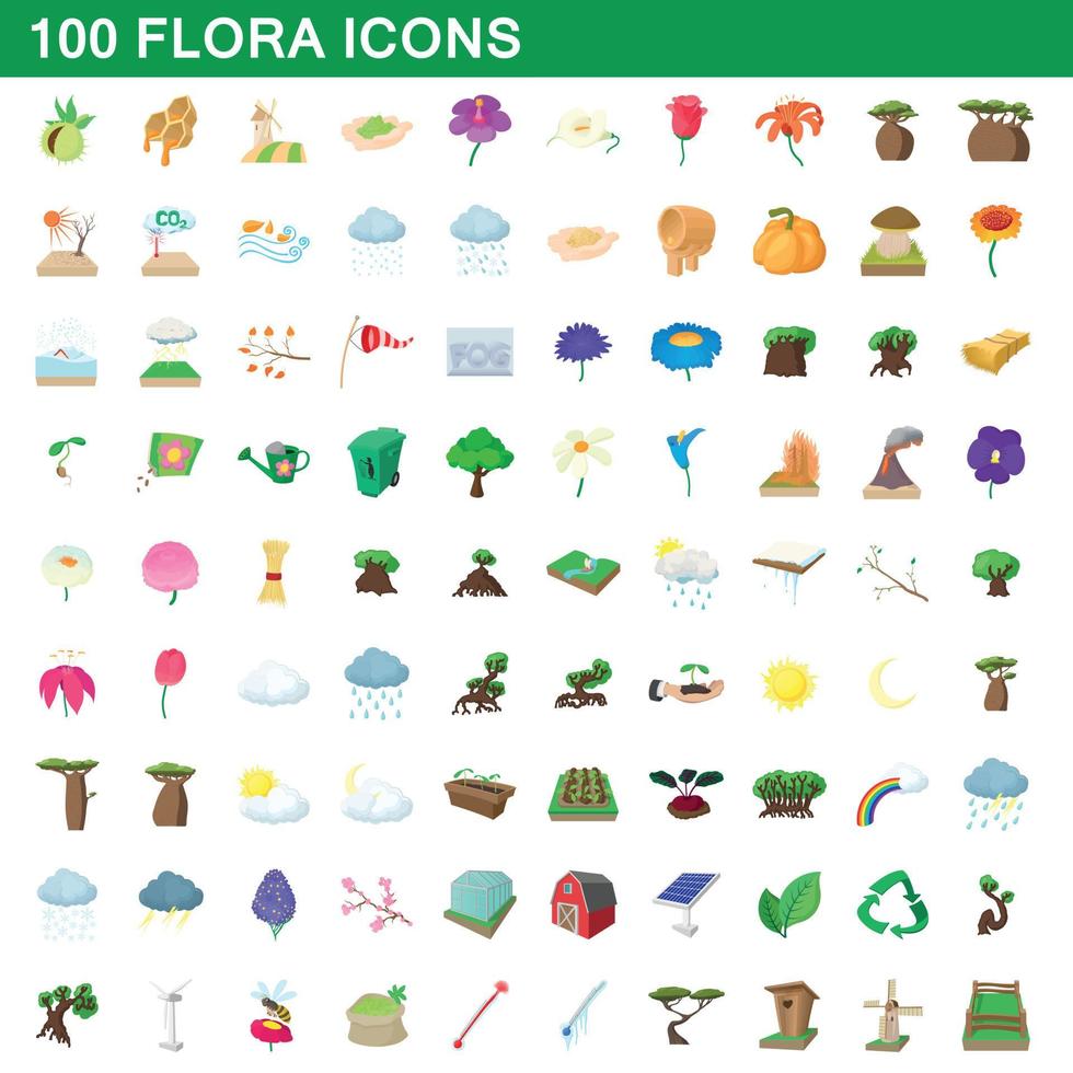 100 flora icons set, cartoon style vector