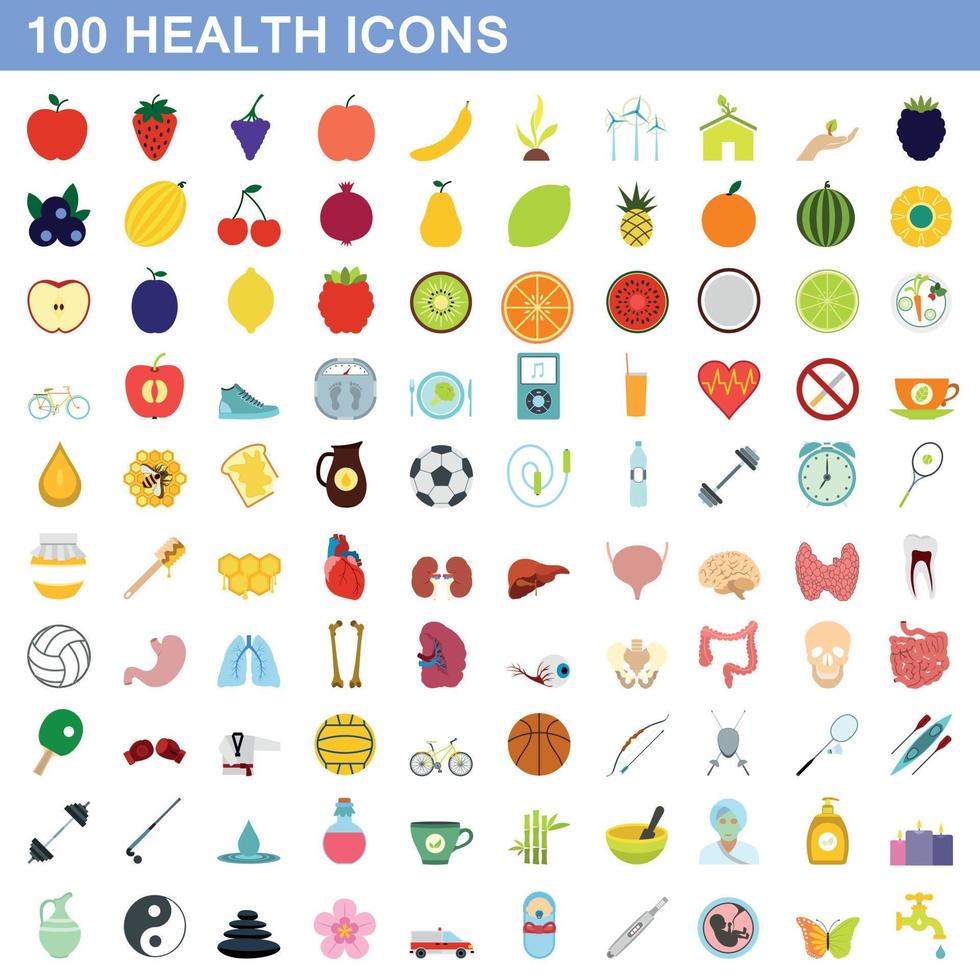 100 health icons set, flat style vector