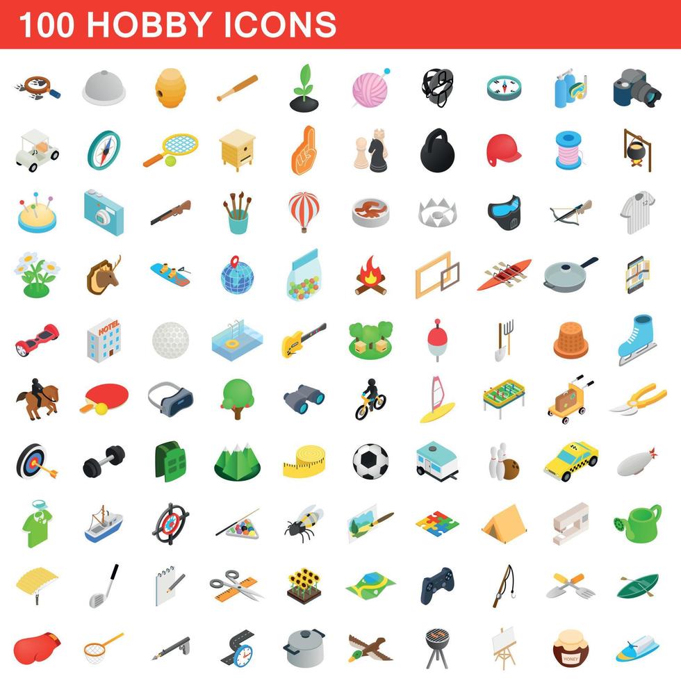 100 hobby icons set, isometric 3d style vector