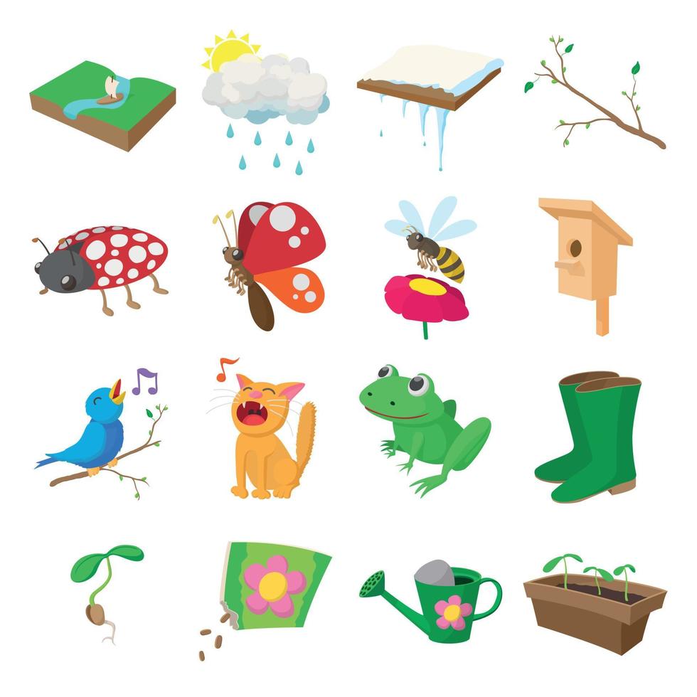 Spring icons set, cartoon style vector