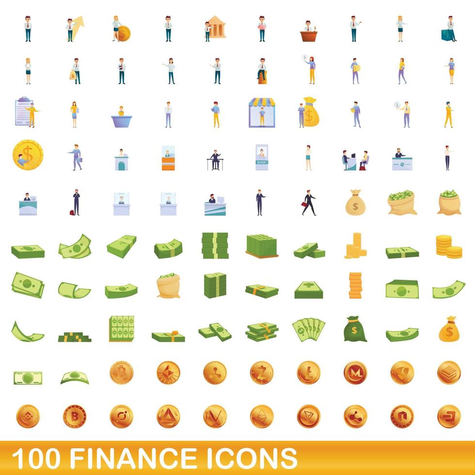 100 finance icons set, cartoon style vector