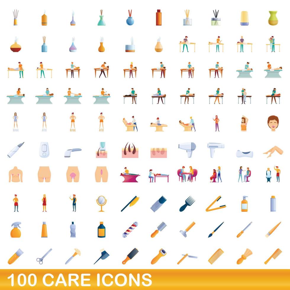 100 care icons set, cartoon style vector