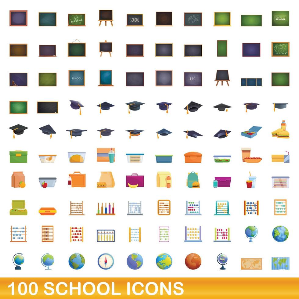 100 escuela, conjunto de iconos de estilo de dibujos animados vector