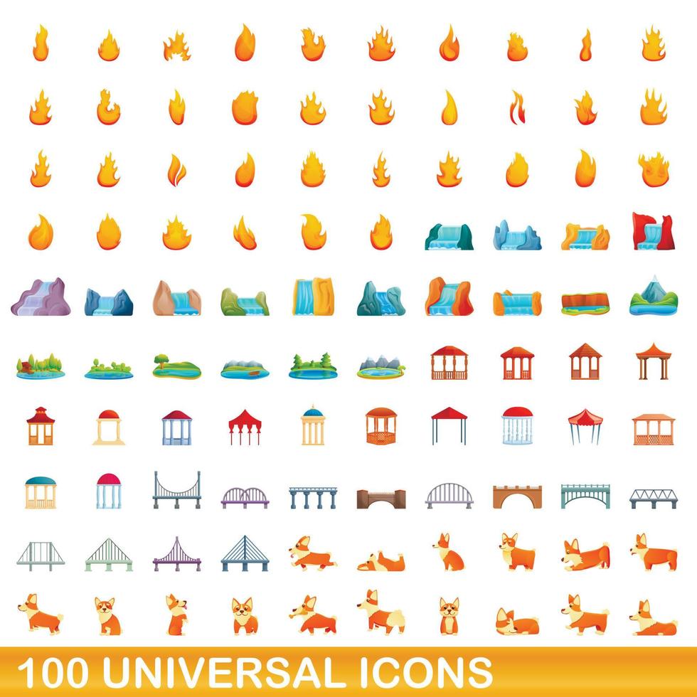 100 iconos universales, estilo de dibujos animados vector