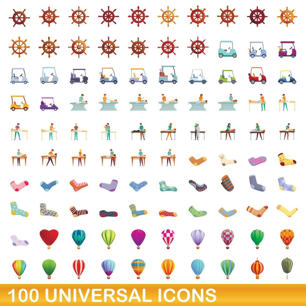 100 iconos universales, estilo de dibujos animados vector