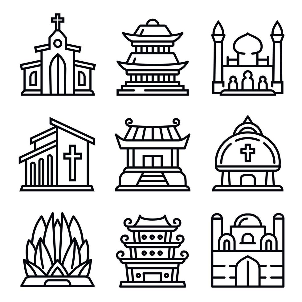 conjunto de iconos de templo, estilo de contorno vector