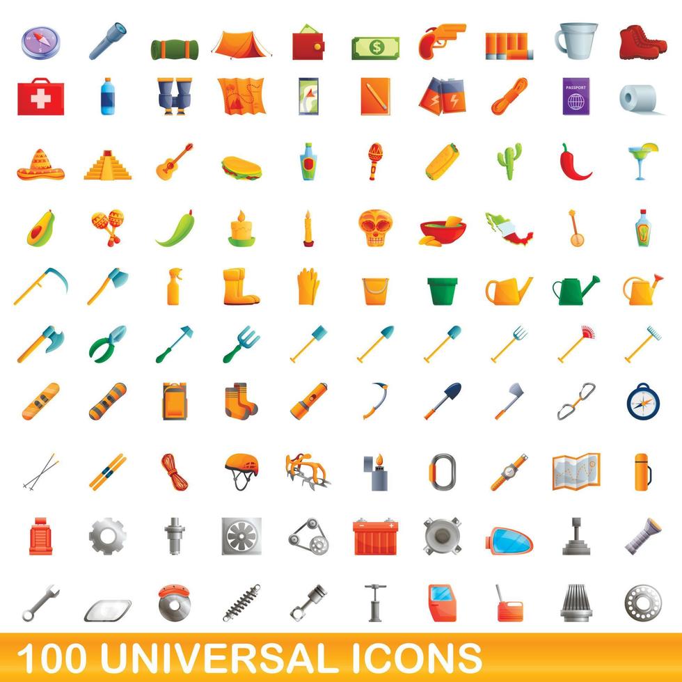 100 iconos universales, estilo de dibujos animados vector