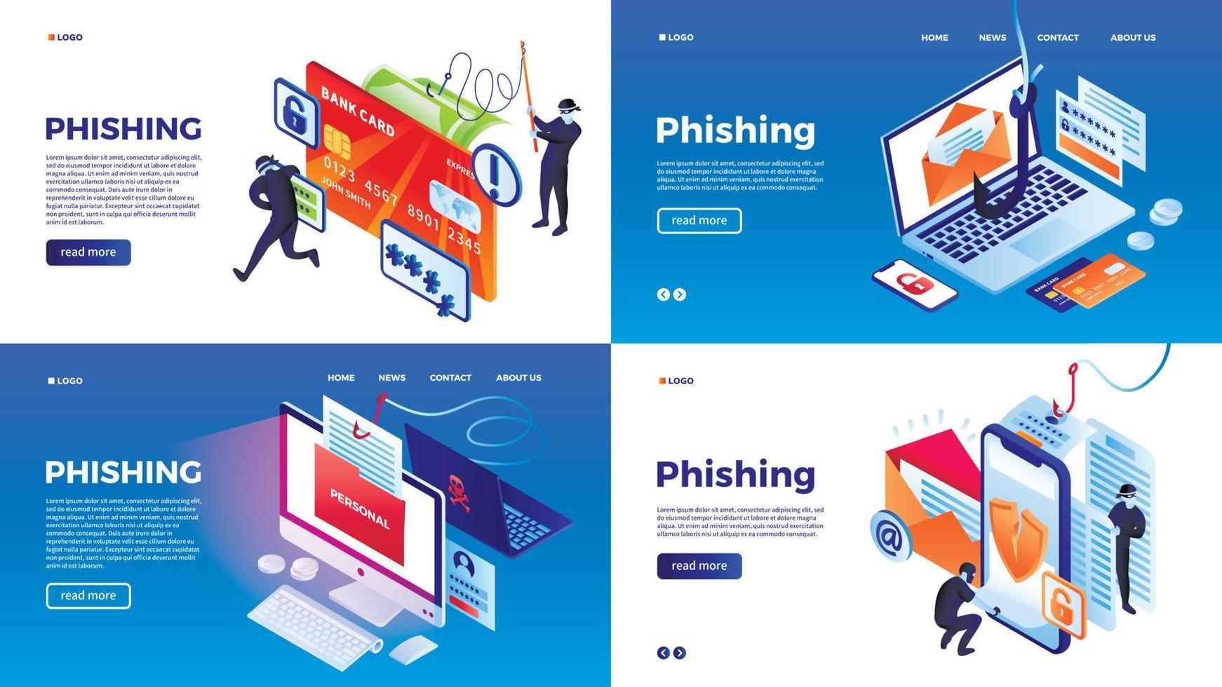 conjunto de banners de phishing, estilo isométrico vector