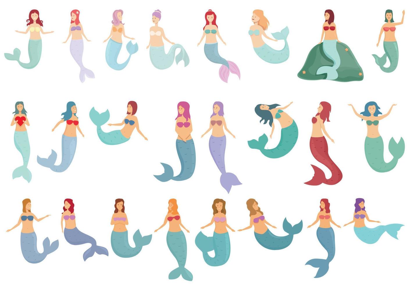 Mermaid icons set cartoon vector. Cute girl vector