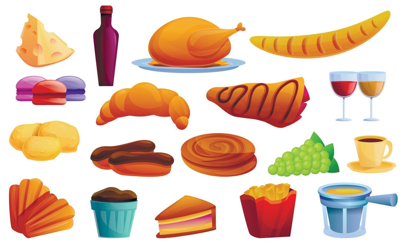 French food icons set, cartoon style vector