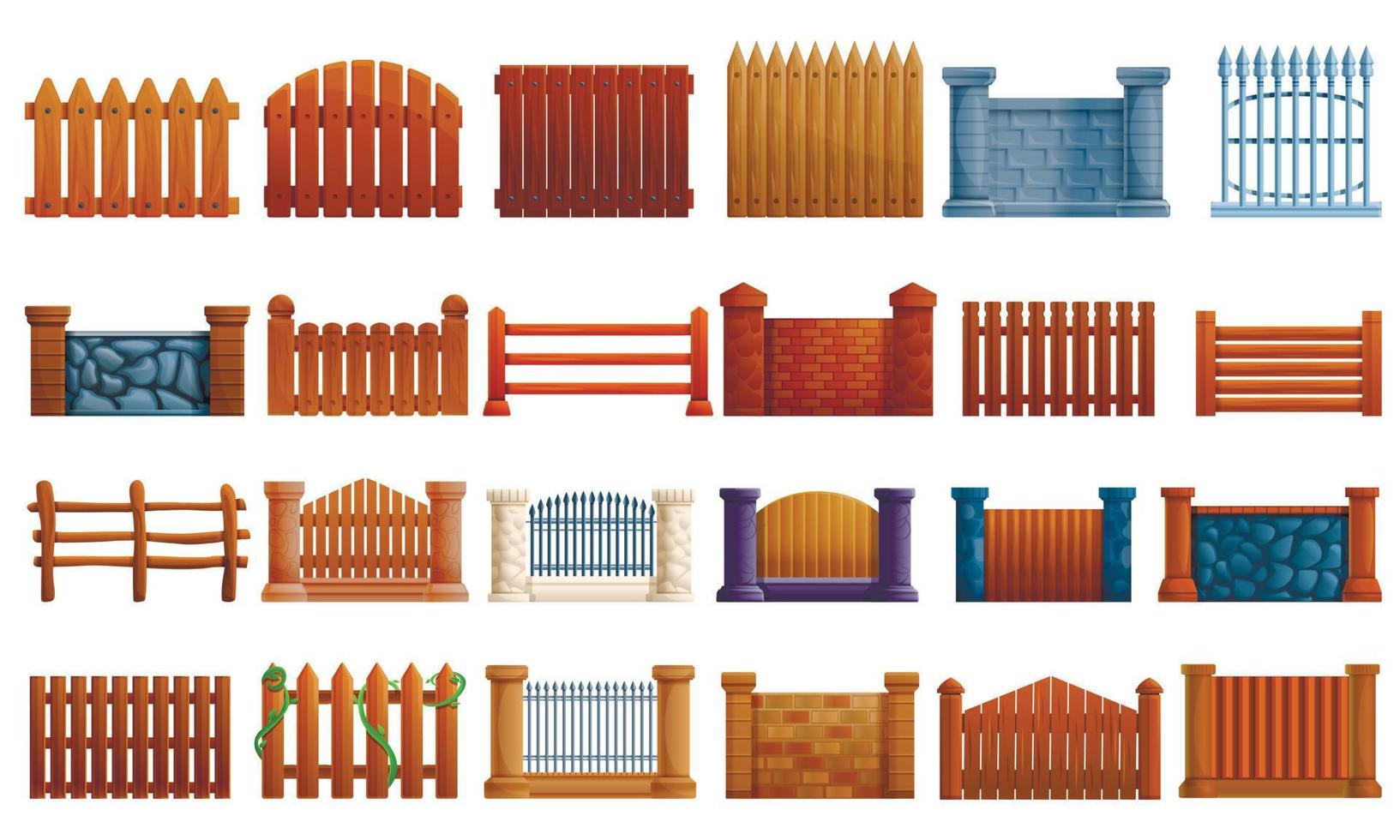 Fence icons set, cartoon style vector