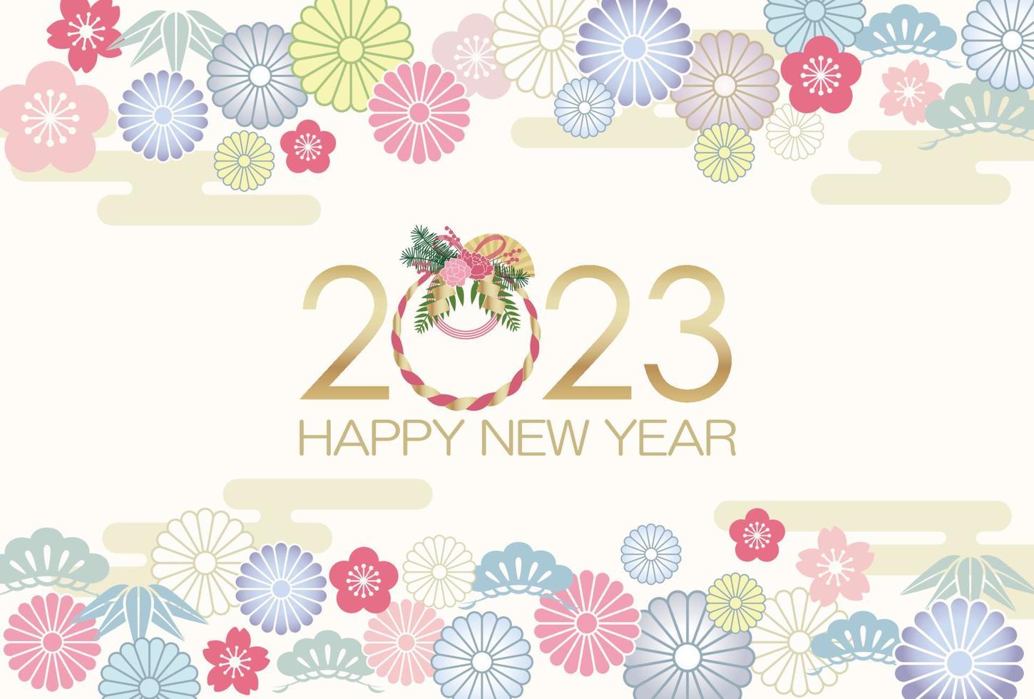 la plantilla de tarjeta de felicitación del año 2023 decorada con encantos auspiciosos vintage japoneses. vector