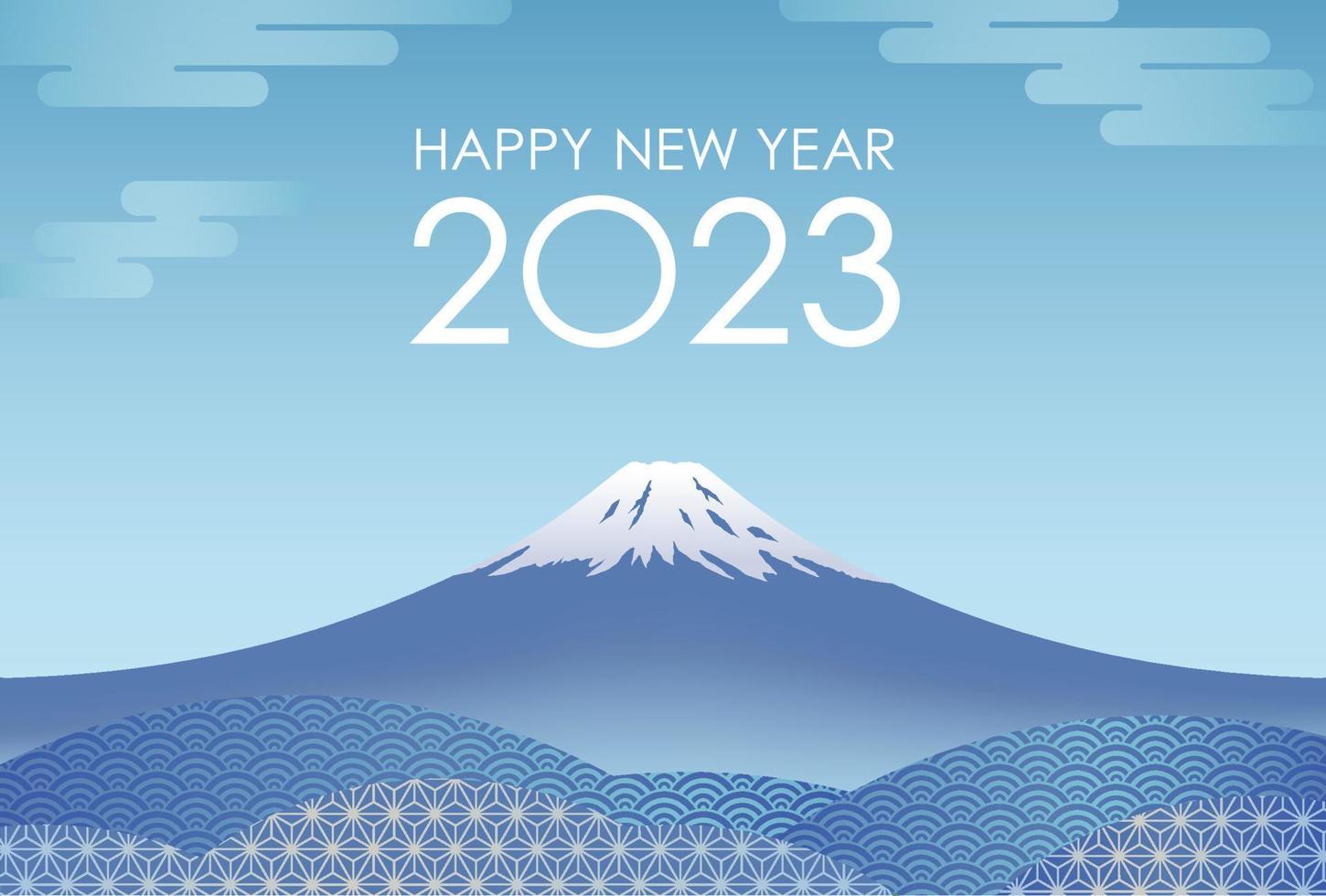 Plantilla de tarjeta de año nuevo 2023 con cielo azul y mt. fuji decorado con estampados japoneses vintage. vector