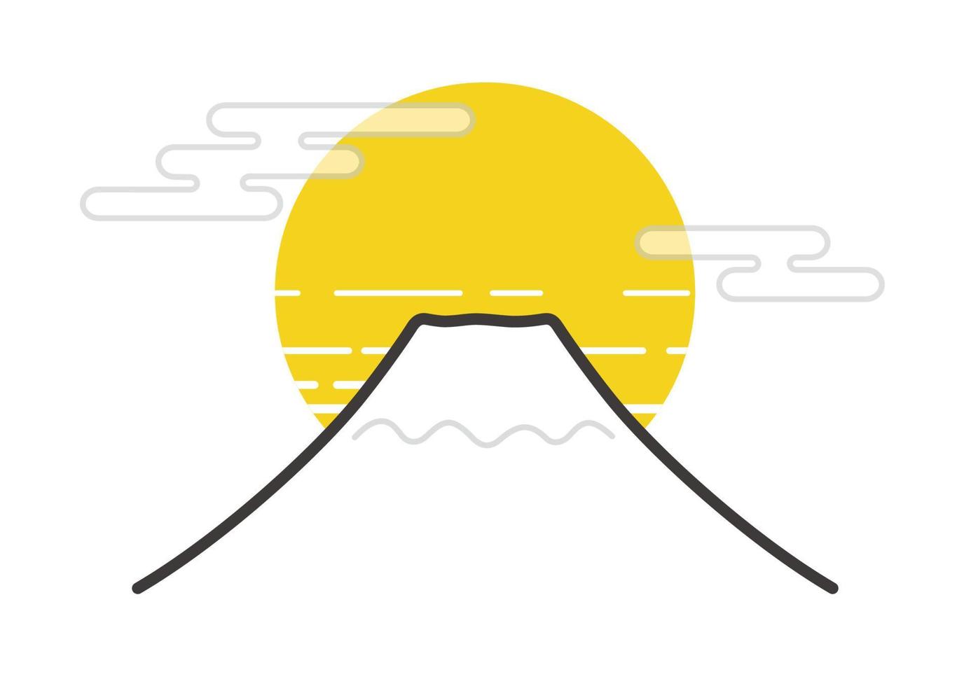 Mount Fuji And Rising Sun. New Years Auspicious Greeting Symbol. Vector Flat Illustration.