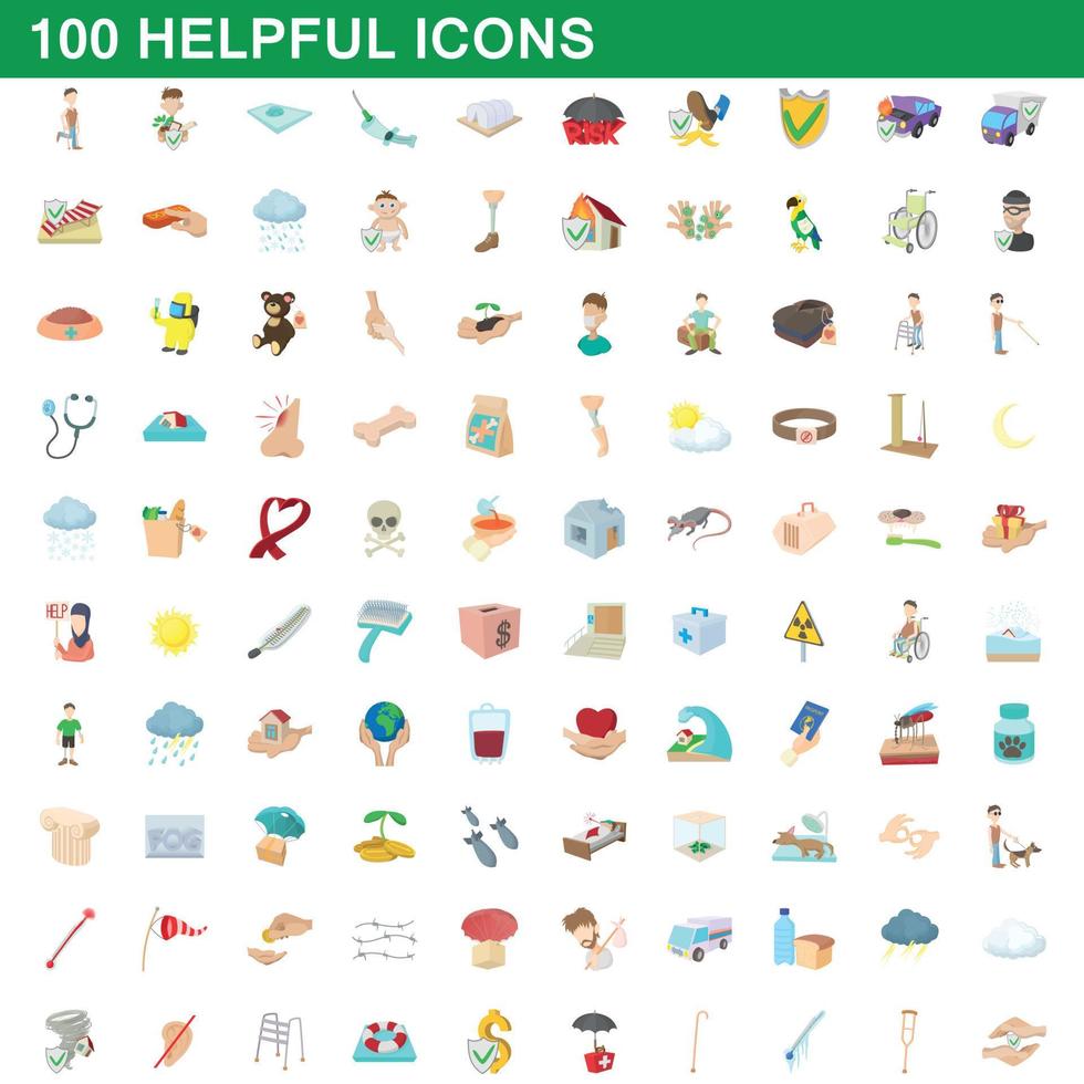 100 helpful icons set, cartoon style vector