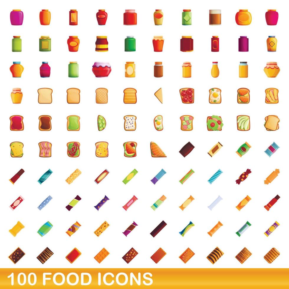 100 food icons set, cartoon style vector