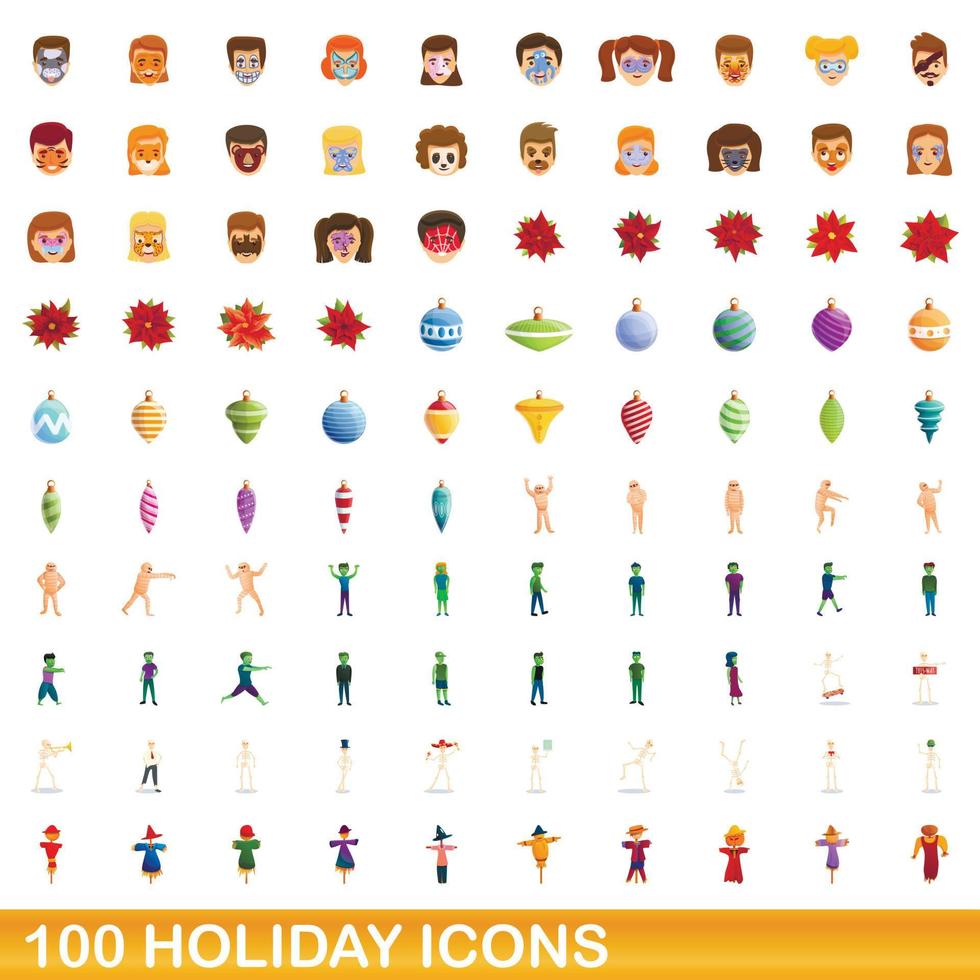 100 iconos de vacaciones, estilo de dibujos animados vector