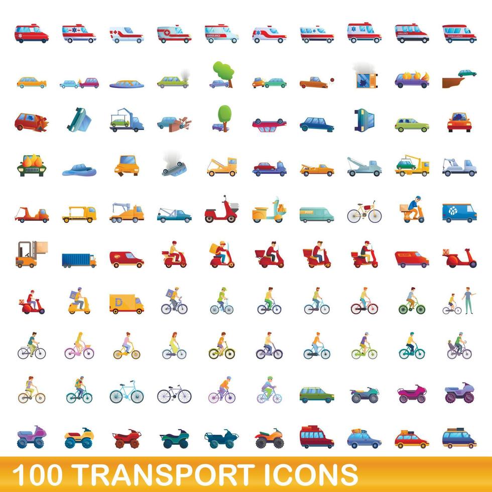 100 transport icons set, cartoon style vector