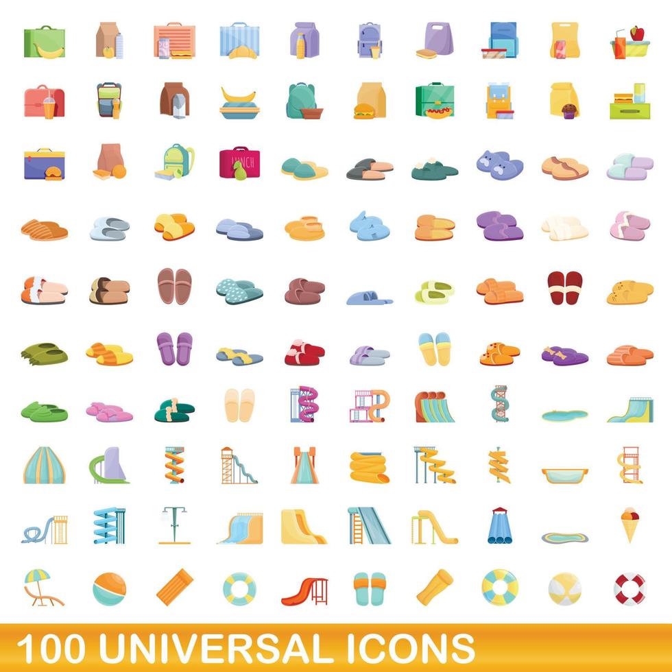 100 universal icons set, cartoon style vector