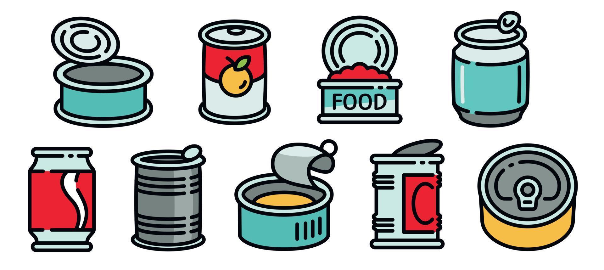 Tin can icons set, outline style vector